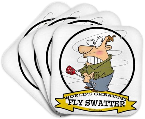 3dRose Funny Worlds Greatest Fly Swatter Cartoon Set of 4 Coasters - Cork