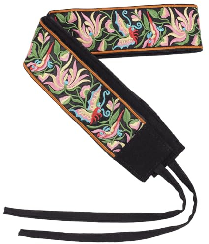 CABODYALS Ceinture Brodée de Fleurs Style Mexicain Noir Taille Ajustable en Coton à Motifs Floraux Ceinture Large Traditionnelle avec Cordons Idéale pour Robes Jeans Pantalons et Tenues de Mariage Ou