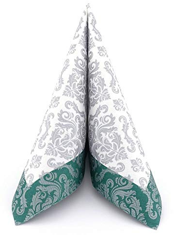 APARTina 50 Servietten Ornament Barock Silber stoffähnlich Airlaid, hochwertige stoffähnliche Serviette Einwegservietten Hochzeit Grün Vintage (Dunkelgrün, 40 x 40 cm)