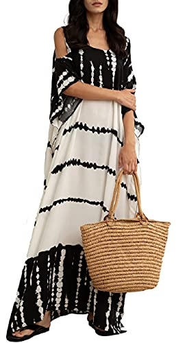 Bsubseach Negro Blanco Playa Kaftan Vestido para Mujer Hombro frío Traje de baño Cubierta Ups para Trajes de baño caftán Vestidos