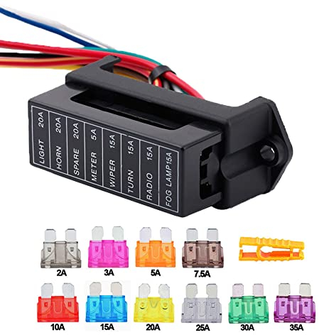 Aiqeer 8-Fach KFZ Sicherungskasten, 2 Eingang 8 Ausgang Flachsicherungsblock, KFZ Sicherungshalter mit Vorverkabelt, und 10 Stück Standard Flachsicherung (12V / 24V / 32V / 48V Universal)