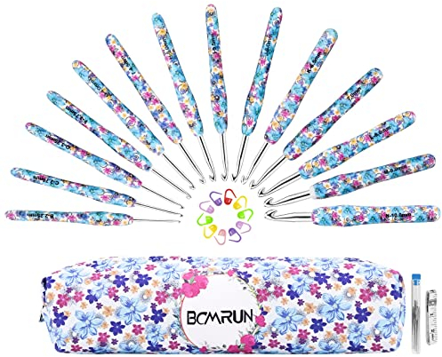 BCMRUN Crochet Hooks Set, 14 Sizes 2.25mm(B)-10mm(N), Extra Long, Ergonomic Handle, Smooth Hooks, Knitting Needles Kit, DIY Knit Needles, Weave Yarn Set (Blue)