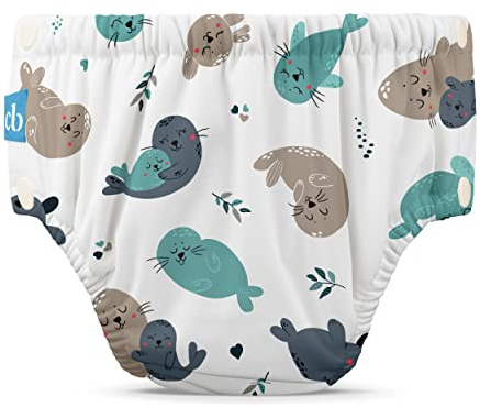 Charlie Banana Reusable Swim Diaper, Washable, with Easy On and Off Snaps for Baby Girls Boys, Soft and Snug Waterproof Fit to Prevent Leaks - Seally, Size M (16-28 lbs)