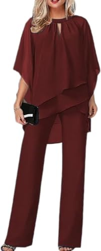 Pantalones de Las Mujeres de Dos Piezas de Moda Tendencia de Gasa Camisa y Pantalones Trajes Elegantes Retro fluyendo Trajes de Cena cóctel Trajes de Invitados de Boda (Rojo,M)