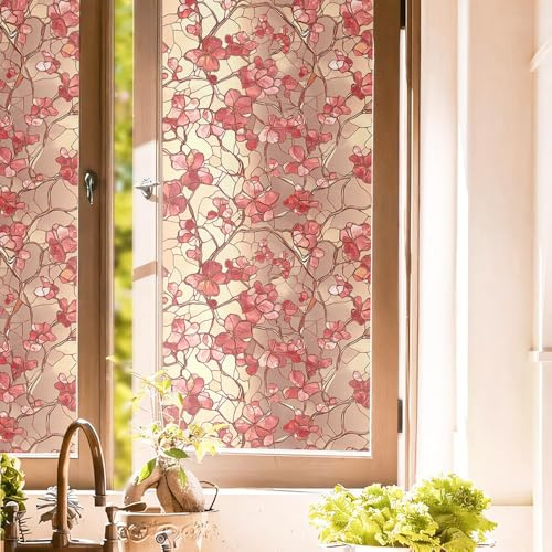 16“x118 Pink Gold Flower Vintage Double Side Window Films Art Decorative Window Privacy Tinting Film Self-Adhesive Static Glass Window Clings Stickers for Living Room Bathroom Glass Windows Decor