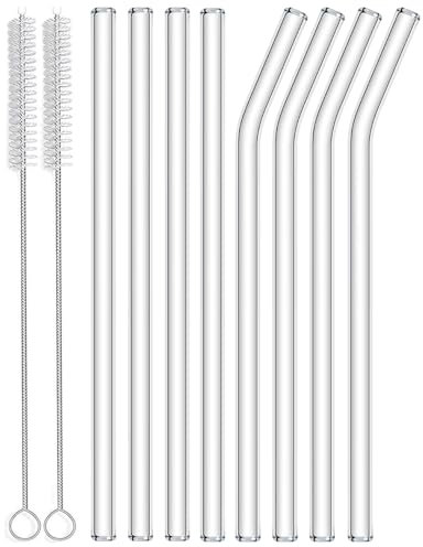 Redreo Glasstrohhalme Wiederverwendbar 10 Stück - 4 Gerade Glas Strohhalme und 4 Gebogene Glasstrohhalme Lang 20cm mit 2 Reinigungsbürsten, Glas Trinkhalme für Tea, Slush, Cocktail, Säfte