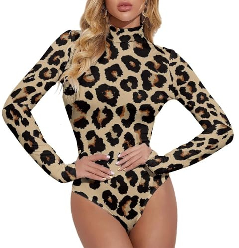VOSERY Body à manches longues pour femme, imprimé léopard, haut à col roulé pour femme, contrôle du ventre, Noir/blanc, XL