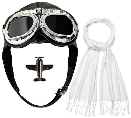 Horolam 4 Pezzi Accessori per Costume Da Aviatore, Cappello Da Aviatore Con Occhiali Protettivi, Berretto Da Pilota, Sciarpa Bianca E Spilla per Uomo E Donna