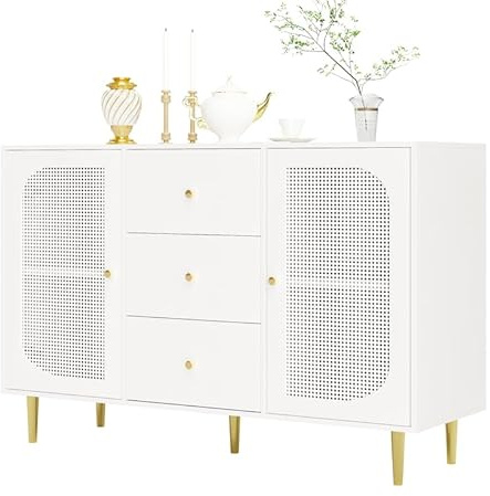 Solisburne Sideboard, Kommode 120cm Breite mit 2 PE-Rattantür und 3 Schubladen Aufbewahrungsschrank Küchenschrank für Wohnzimmer, Schlafzimmer, 120 X 40 X 90, Weiß