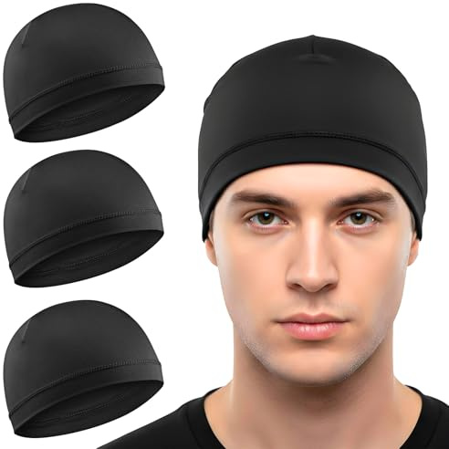 Ptwola 3 PCS Cotton Skull Caps for Men Soft Cotton Beanie Hats Breathable Sleep Hats Helmet Liner for Running Cycling Hiking (Black, Black, Black)