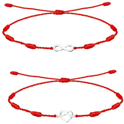 cotigo – Pack de 2 Pulseras Ajustables Infinito y Corazón para Pareja y Amistad, Hilo Rojo con Colgantes de Acero Inoxidable, Regalo Original de Amor, San Valentín y Cumpleaños (Infinito y Corazón)