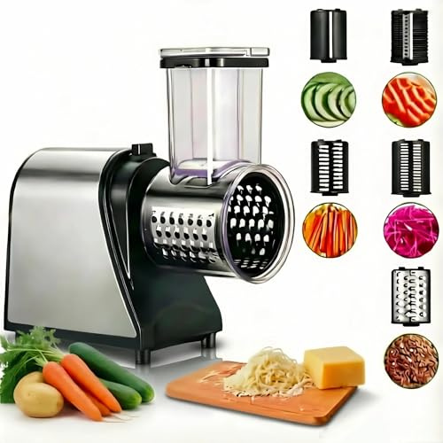 Nictemaw Coupe-Légumes Électrique 5 en 1 250W avec grande cheminée- Inox | Râpe de cuisine Rapeuse legume et 5 lames. Idéal pour les fruits, les légumes, le fromage et l'usage quotidien