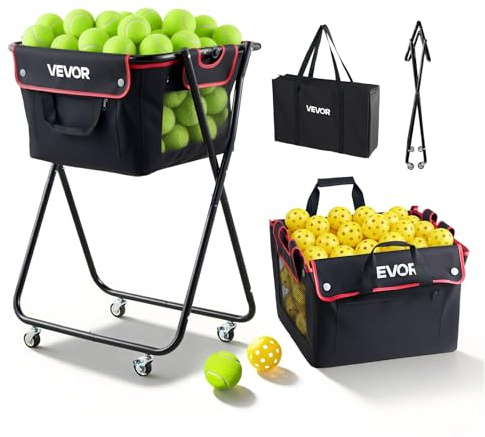 VEVOR Tennisballwagen Faltbar, Tennisballkorb für 175 Tennisbälle oder 290 Pickleballs, Klappbarer Ballwagen mit Rahmen aus Kohlenstoffstahl & Tragetasche, Ballkorb mit Rollen für Training, Schwarz