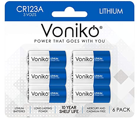 Voniko CR123A 3V Lithium Battery (6 Pack), High Capacity 123 Batteries, 3 Volt CR17345 for Smoke Alarm, Flashlight, Home Automation