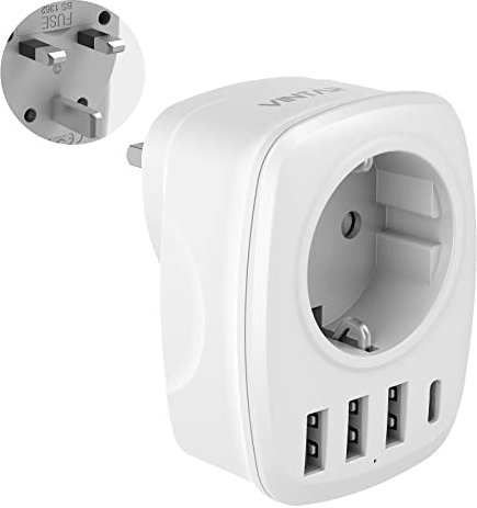 VINTAR Adattatore Presa Inglese,Tedesca 5 in 1 con 3 Porte USB e 1 Porta USB-C, Adattatore Inglese, Qatar, Gambia，Irlanda,Spina Tipo G