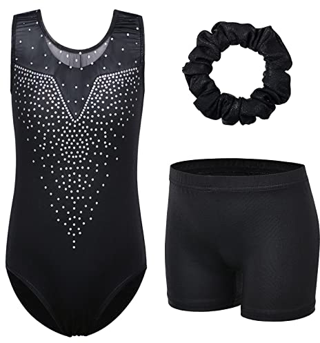 ZNYUNE Kinder Gymnastik Trikot Klassisch Gymnastikanzug 3er Set Anzug für Mädchen B198 SequinBlack 14A