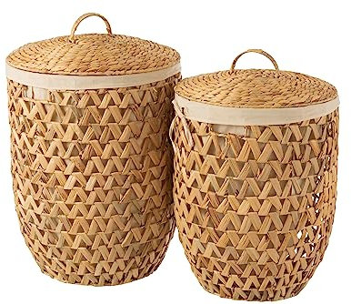J-Line Lot de 2 paniers à linge + couvercle jacinthe d'eau naturel