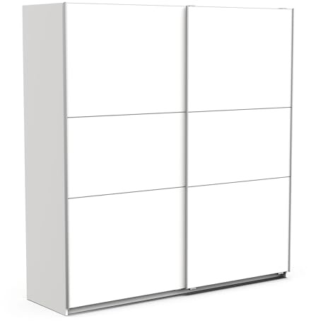 Demeyere Schiebetürschrank mit modernem Kleiderschrank – Farbe Weiß matt und Metall-Finish – 194,5 x 59,9 x 203 cm, Holzwerkstoff, grau
