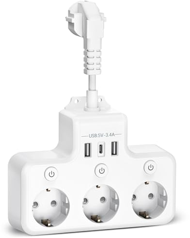 Afitdon Multiprise avec 3 Interrupteur Individuel, 7 en 1 USB Multiprises avec 3 Sortie AC, et 1 Type C et 2 Ports USB Prise USB Multiple, Bureau, USB Secteur