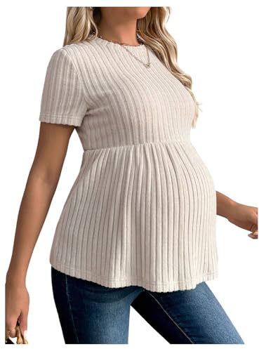 RoseSeek Women's Ruffle Hem Maternity T Shirt Short Sleeve Crewneck Ribbed Knit Peplum Tee Tops Apricot 3X-Large