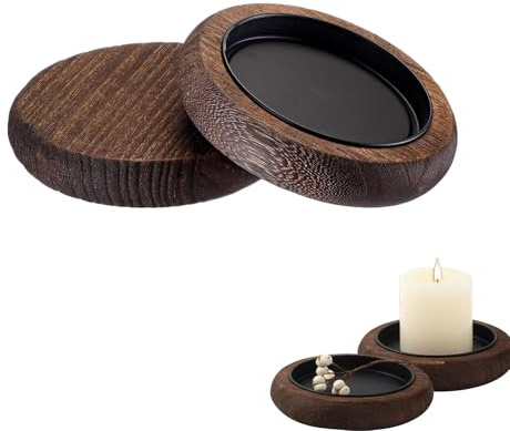 Yicoovey Set of 2 Solid Wood Candle Holders (11 cm Round Tray) – Dark Brown Decoration Set with Integrated Wax Channel for Tea Lights and Pillar Candles