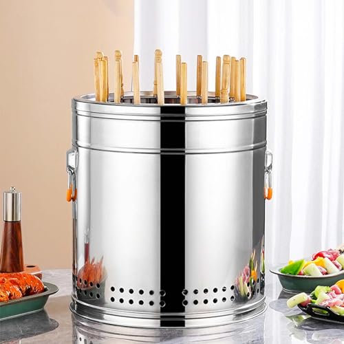 Parrilla ahumadora con 30 pinchos, estufa de carbón de acero inoxidable, horno de asado portátil de 360° para cocinar al aire libre