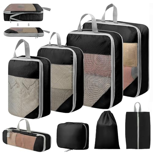 8 Sets Compresión Organizador Maleta, Ultraligero Extensible Bolsas Organizadoras Viaje, Organizador Maleta Viaje para Cosméticos, Ropa, Zapatos, Almacenamiento en Casa (Negro)