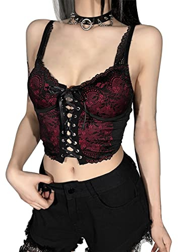 DINGJIUYAN Top sexy gótico para mujer, tops góticos y2k, con malla de pesca, recortado, rosso, XL