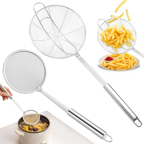 Colador grande de acero inoxidable de 37,5 cm, colador con mango de gancho, filtro de malla de araña, cuchara, para cocinar en la cocina, asar, asar pasta o albóndigas, apto para lavavajillas (2