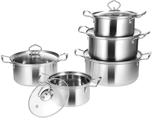 Zerodeko Juego de Ollas de Acero Inoxidable con 5 Piezas, Doble Asa y Tapas de Vidrio, Adecuado para Cocinar en Cocina de Inducción y Uso Versátil