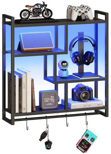 HOOBRO Gaming Floating Shelves with LED Lights, 28.7 LED Wall Mounted Shelf, 4-Tier Floating Wall Shelf for Storage, Display Rack with Hanging Bar and 4 S Hooks, for Gaming Room, Black BB37DBJ01
