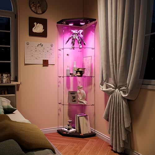 Vitrina de esquina de vidrio con LED, vitrina de vidrio, vitrina de vidrio, armario de cristal moderno, con cerradura (negro, 1 puerta con 4 leds)