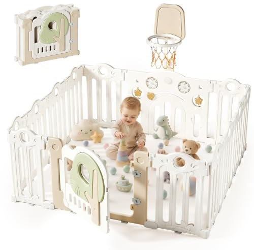 SPYLAVE Laufstall Baby Faltbar150x150cm, Verstellbare Groß & Form, XL Laufgitter Baby mit Basketballkorb, Erweiterbar mit Tür und Montessori Spielbrett für Innen/Außen, Playpen & Laufgitter & -ställe
