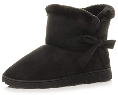 AJVANI Womens ladies bow pull on comfort faux sheepskin fur lined winter ankle boots slippers indoor booties size