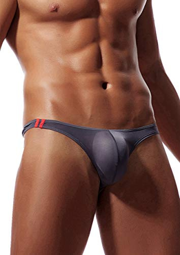 Newsywell Hombre Seda de Hielo Tanga Elastane Hilo Talle Bajo Bikini G String Transpirable Elástico Seda Helada Brief Slip Ropa Interior Bragas Gris Large
