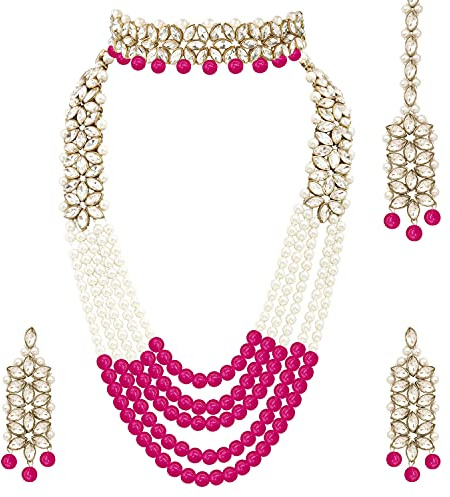 Aheli Wedding Party Wear Bridal Jewellery Choker Long Pearl Necklace Earrings Maang Tikka Indian Traditional Set for Women Girls(Rani Pink)