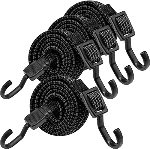Bungee Cords with Hooks Heavy Duty, Flat Adjustable Bungee Cords with Hooks 60 Inch, Rubber Black Bungee Straps with Buckle Hooks for Outdoor, Camping, Tarps, Bike Rack, Tent, Truck, 4 Pack