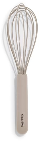 GreenPan Silicone Whisk, Mixing Blending Beating Stirring Cooking Kitchen Utensil, Flexible Rubber Nonstick Cookware, Rigid Steel Core, Heat-Resistant, Anti-Slip Handle BPA-Free Dishwasher Safe, Taupe