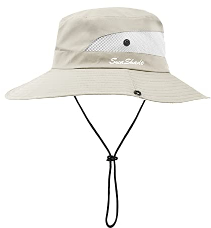 flintronic Solhatt med brett brätte, UV-skydd buckethattar för män, vikbar fiskehatt med hakrem, sidopress och andningsbar nätkok, design för strand, vandring, fiske och camping, #4 Beige-1, S/L