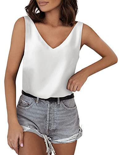 Camiseta básica sin mangas para mujer, de satén de seda, con cuello en V, para verano, en marrón y negro, Blanco., XL