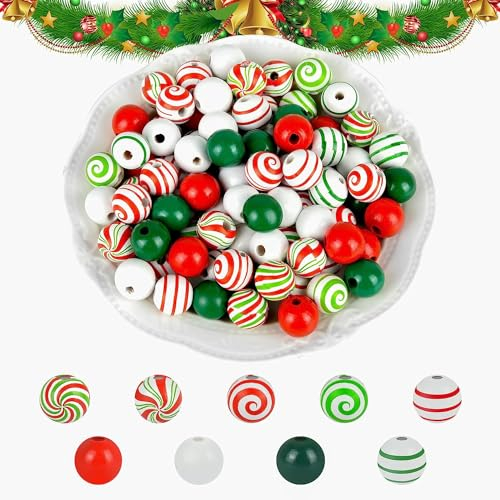 EKKONG 240 Stück Bunt Weihnachten Holzperlen, Rot Grün Weiß Weihnachtsperlen mit Hanfseil, Runde Holzkugeln 16mm mit loch (9 Stile) für Weihnachten Partyzubehör DIY Basteldekoration