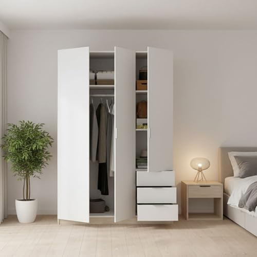 Dmora - Garde-Robe 3 Portes Cimone, Cintre pour Chambre, Armoire 3 tiroirs, 121x52h184 cm, Blanc et Chêne