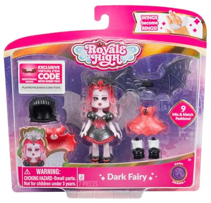 Royale High Poupée Dark Fairy Fashion de 7,6 cm – 1 Figurine avec 9 Accessoires de Mode – Code Article virtuel Inclus – Série 1 – À partir de 5 Ans
