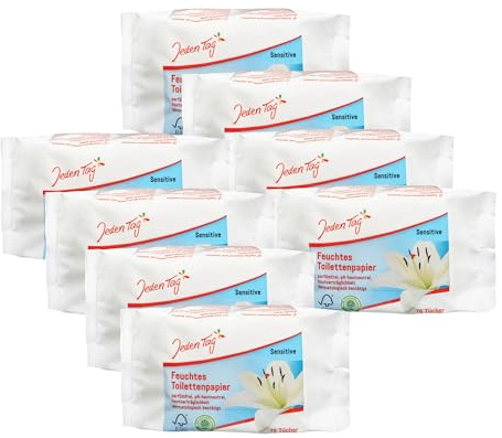 Jeden Tag Feuchtes Toilettenpapier Sensitive 70 Tücher | Parfümfrei, pH Hautneutral, 100% Biologisch abbaubar | für eine mildende und hygienische Reinigung (8er Pack)