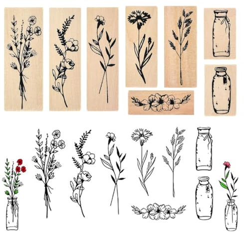 8 Stück Holzstempel, Vintage Stempel Blumen, Pflanze Mustern Stempelset, Natürliche Blumen Stempel Holz für Scrapbooks Journals Tagebücher Crafts DIY Karten