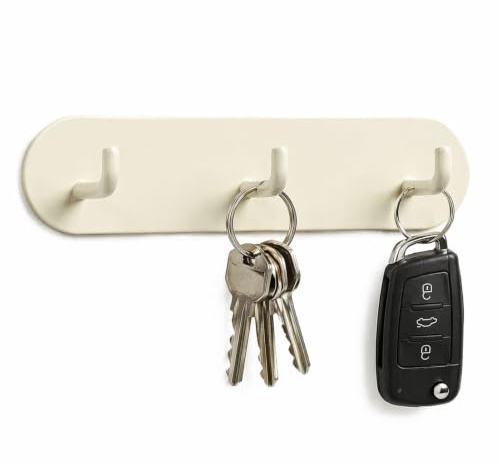 CHEOTIME Key Holder for Wall, Iron Self Adhesive Key Hooks with 3 Hooks | No Drill Key Hanger, Wall Mount Key Rack, Decorative Towel Hooks, Multipurpose for Entryway Door, Cream Color