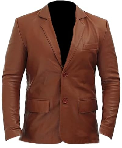 PROMENADE CHIC Blazer décontracté en cuir d'agneau pour homme, Marron - Veste blazer décontractée, XL