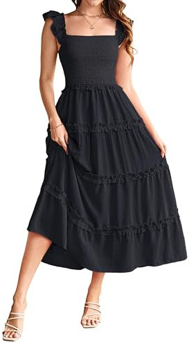 GRACE KARIN Women's Spaghetti Straps Summer Dresses Elegant Ruffled Sleeves A-line Maxi Dress with Pockets CLK028-1/Black XXL