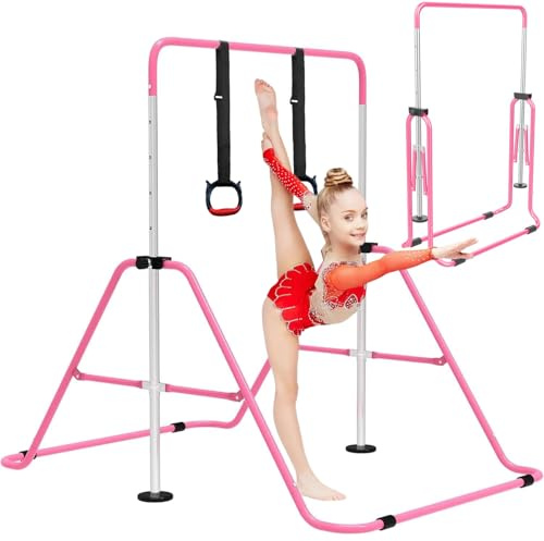 OZE SPORTS Kids Gymnastics Bar Kip Trainer with Rings – Adjustable Height, Sturdy & Safe Training Horizontal Bar for Home Practice, Foldable Gymnastics Equipment for Boys & Girls (Pink)
