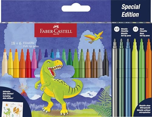 Faber-Castell 554222 - Filzstifte Set Dino, 24 Fasermaler in Standard- und Pastellfarben